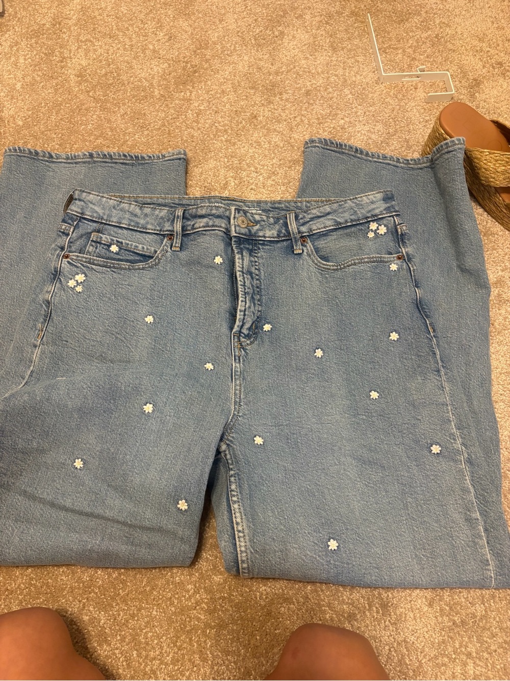 Old Navy Light Blue Straight Leg Jeans with White Daisy Embroidery